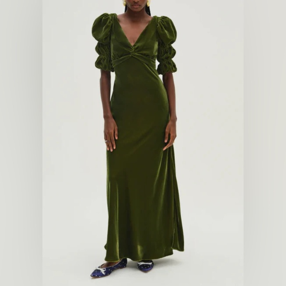 NWT For Love & Lemons Martini Olive Green Velvet Long Maxi Dress Holiday sz L